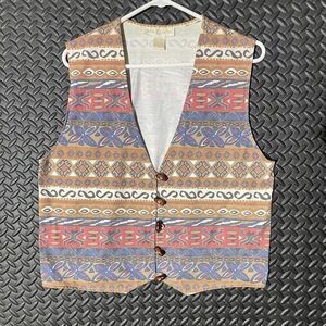 Vintage Cape Isle Knitters 70's Tribal Geometric Pattern Brown Button Up Vest XL